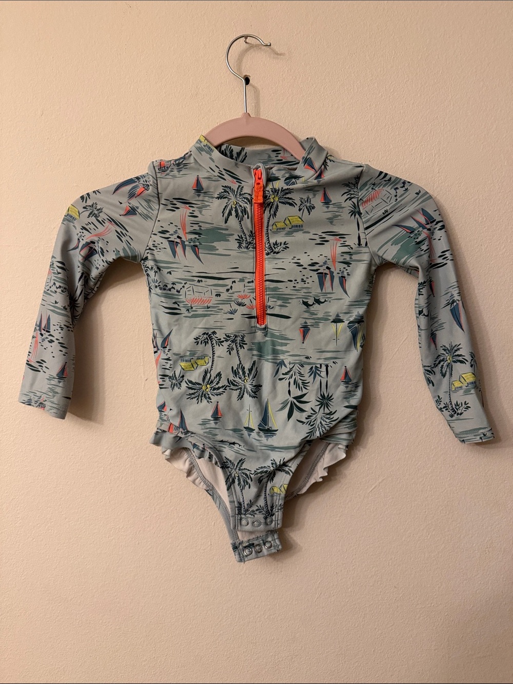 Carter's Aqua Tropical Print Long-Sleeve One-Piece Rashguard with Orange Zipper